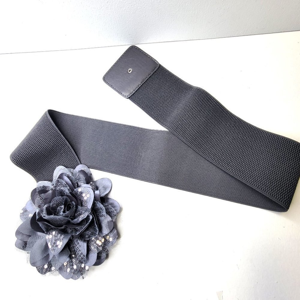 Large Grey Floral Glitter Belt Stretchy Womens Belt